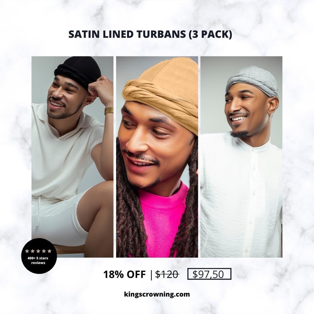 Satin Lined Turbans Black,Grey, and Tan XL (3 Pack) - Kings Crowning