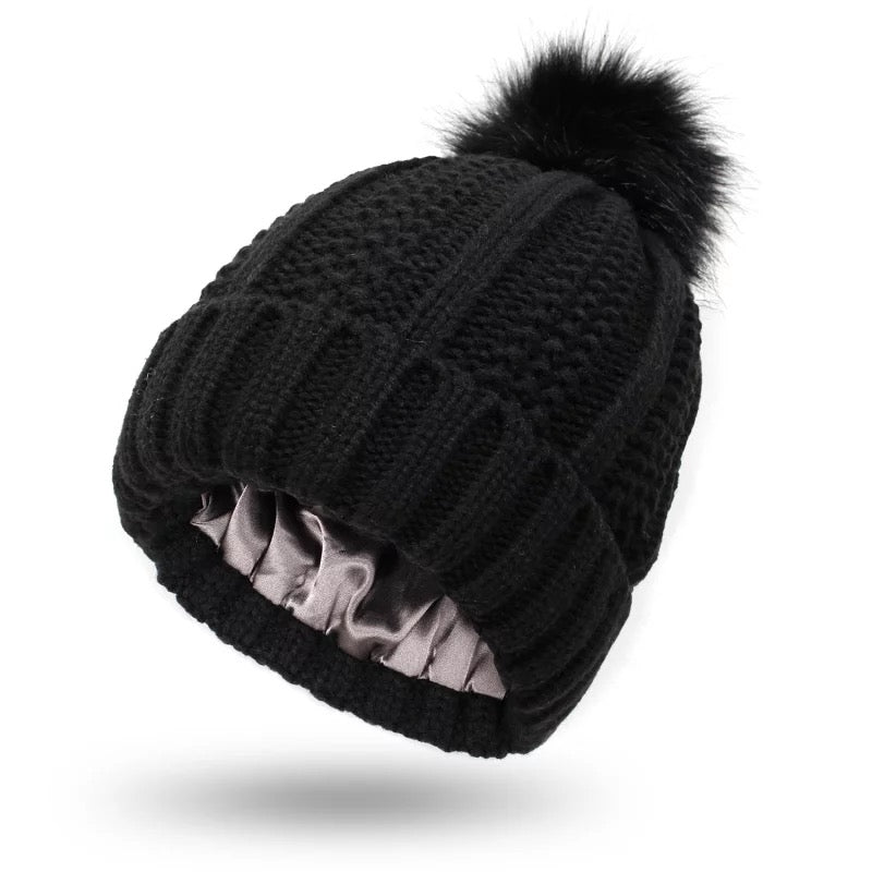 Black Satin Lined Puffer Hat