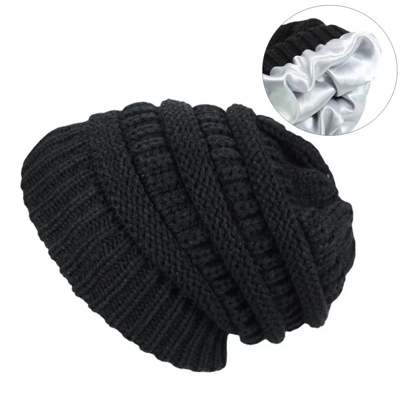Thick Soft Stretched Black Ribbed Satin Lined Winter