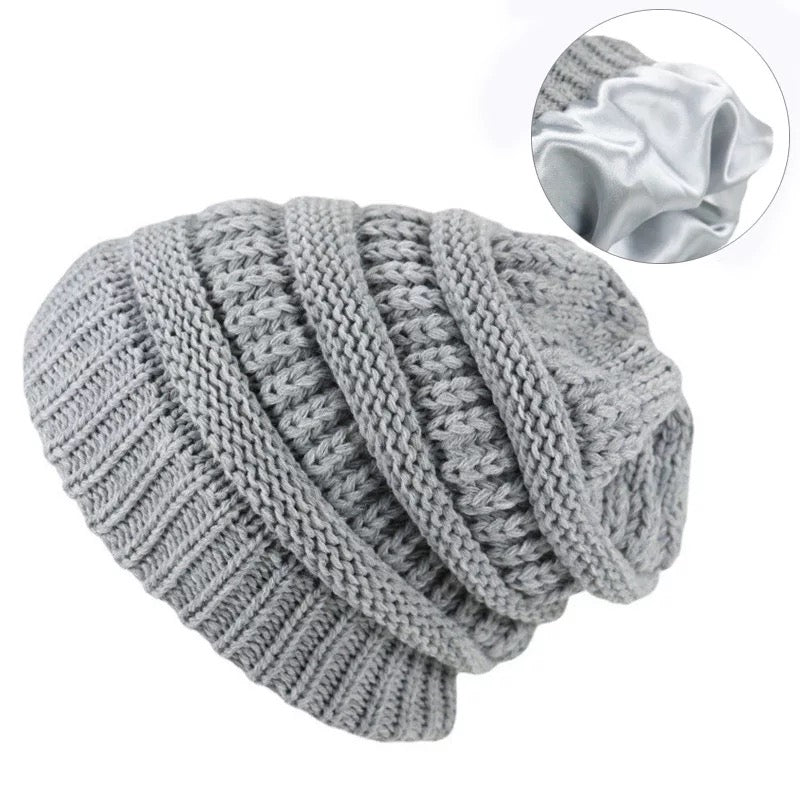 Thick Soft Stretched Gray Ribbed Satin Lined Winter Hat